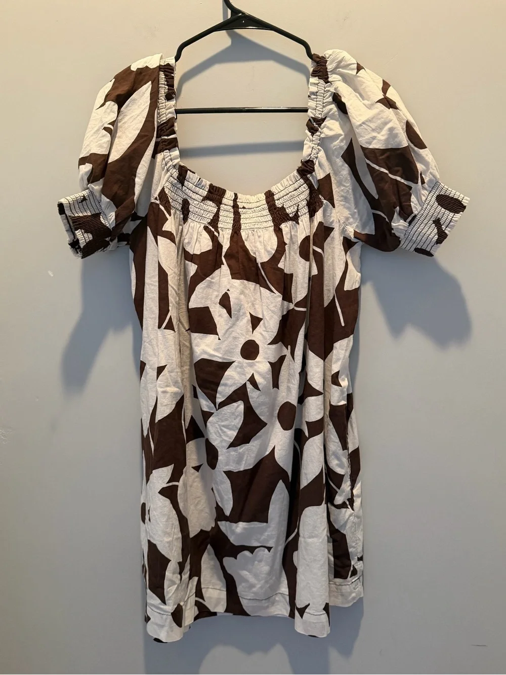 Free People Mika Brown and White Floral Puff-Sleeve Mini Dress NWT
